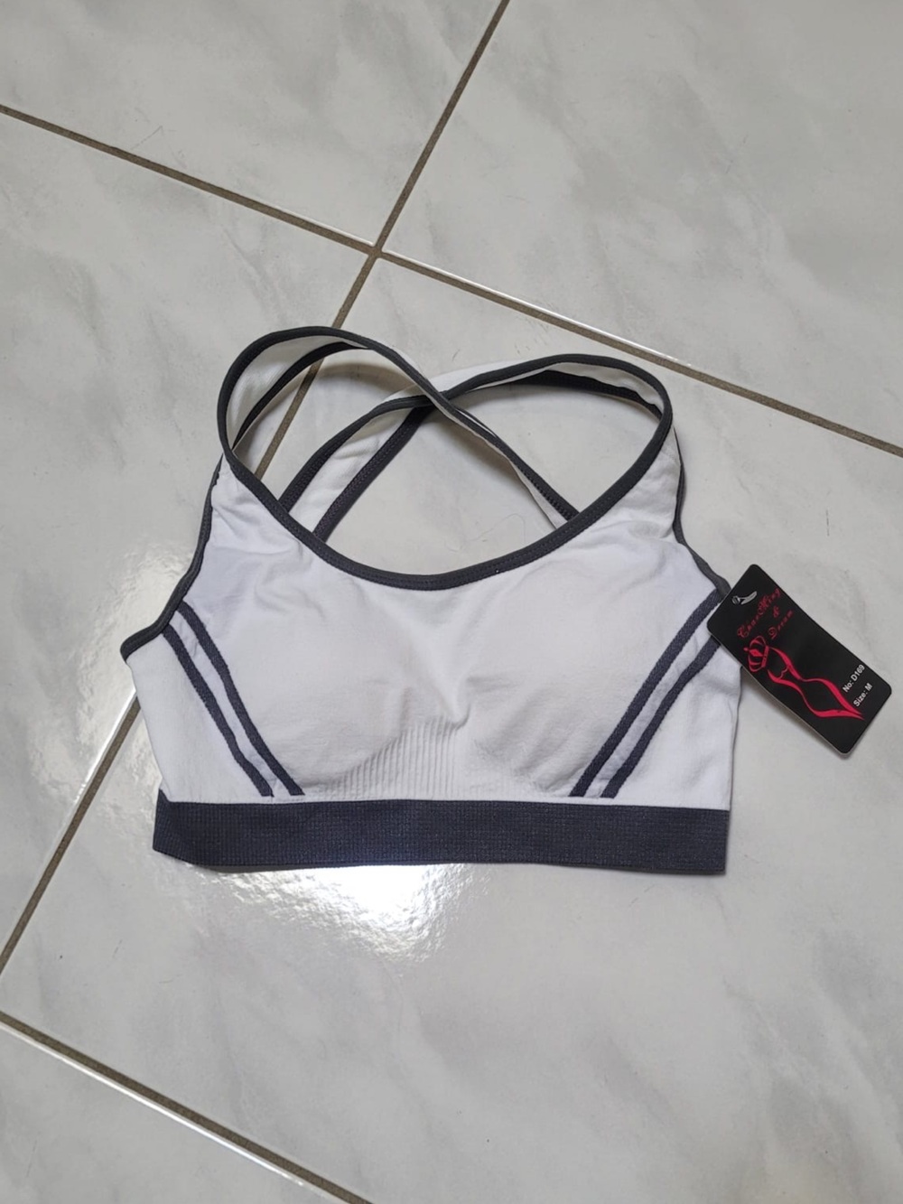 Women’s White Sports Bra with Gray Trim - Comfortable Strappy Support
